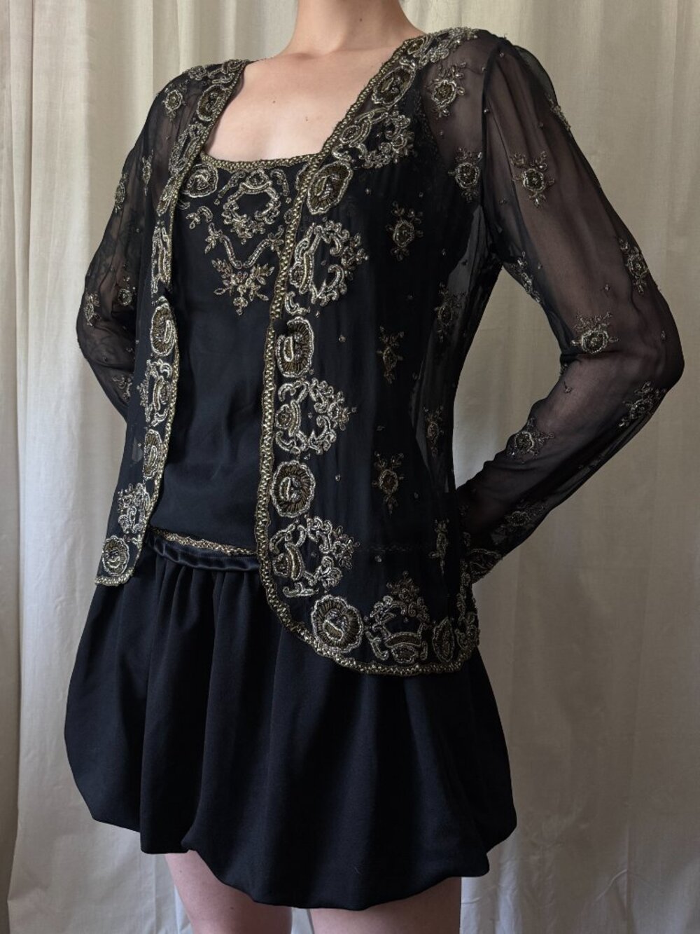 La Nuit Black & Gold Silk Beaded Evening Top & Jacket Set Women's Size Medium